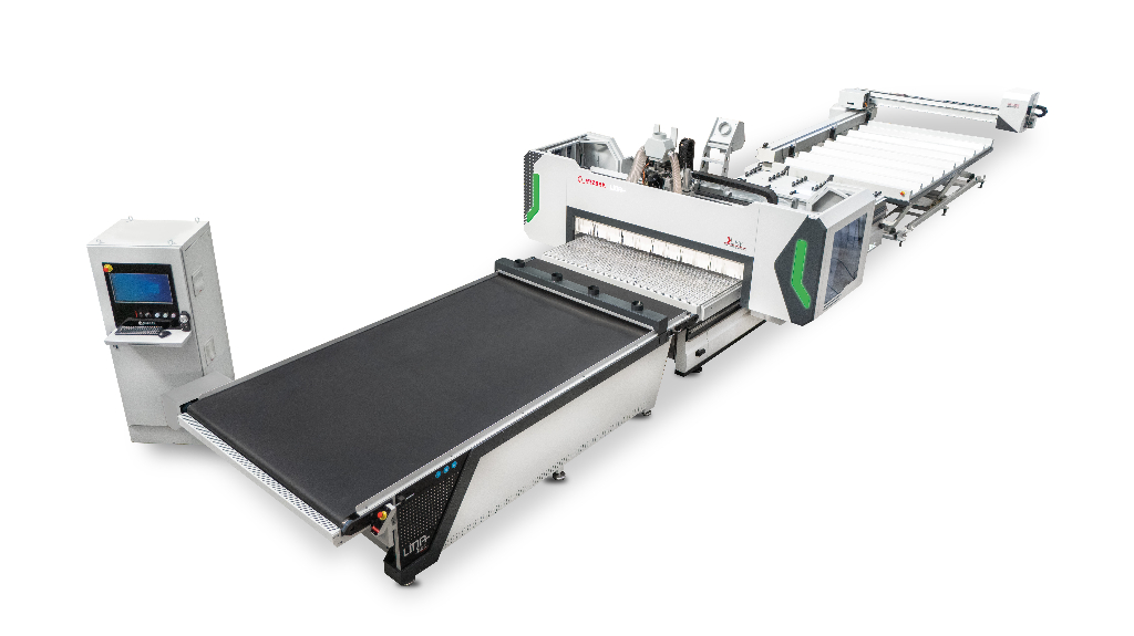 LINA 2136 LINE – Linie CNC de Nesting complet automatizata pentru debitare si frezare PAL si MDF cu incarcare pe lift, vacuum lifting, etichetare barcode si flux de productie industrial pentru fabrici de mobila si prestatori de servicii